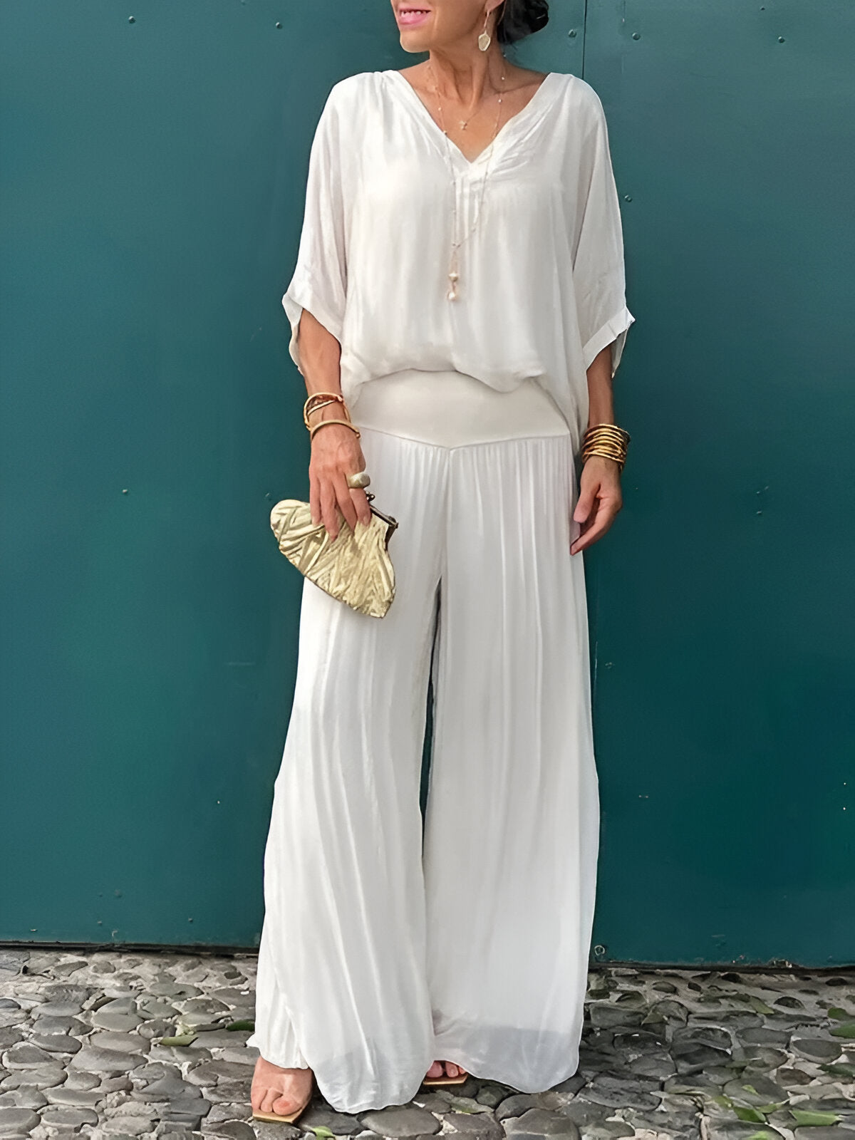 Louise™ | Elegancki zestaw z topem w serek i spodniami